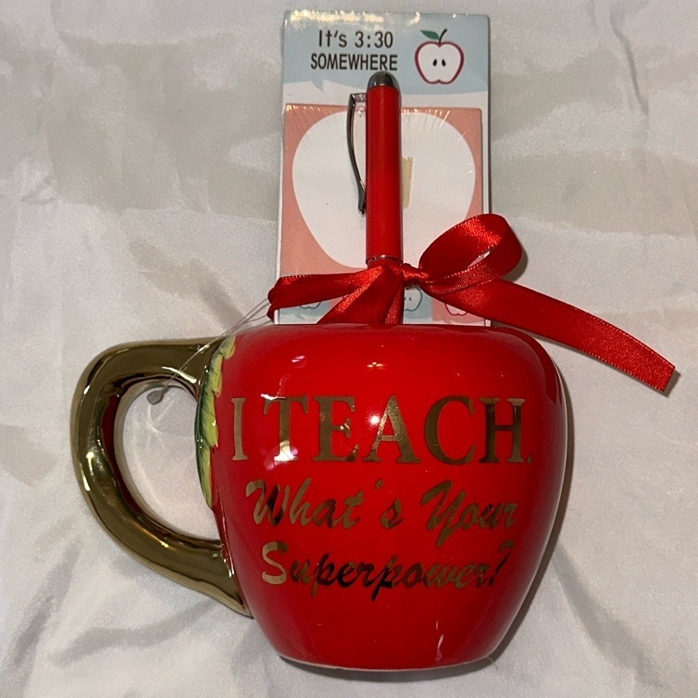 I Teach What's Your Superpower Apple Mug Stationery Set Red Gold NEW